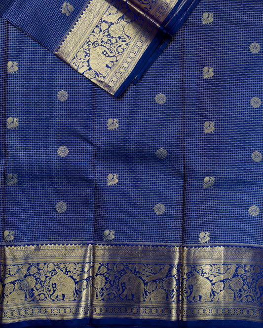 Pure Handloom Kanchipuram Silk Saree with Traditional Check Pattern and Peacock Motifs