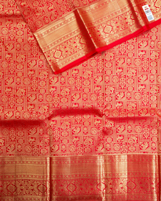 Pure Handloom Kanchipuram Silk Saree with Traditional Animal Blocks