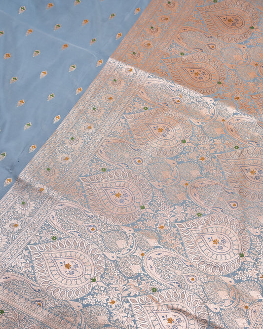 Pastel Blue Banarasi Mashru Katan Silk Saree with small buttas