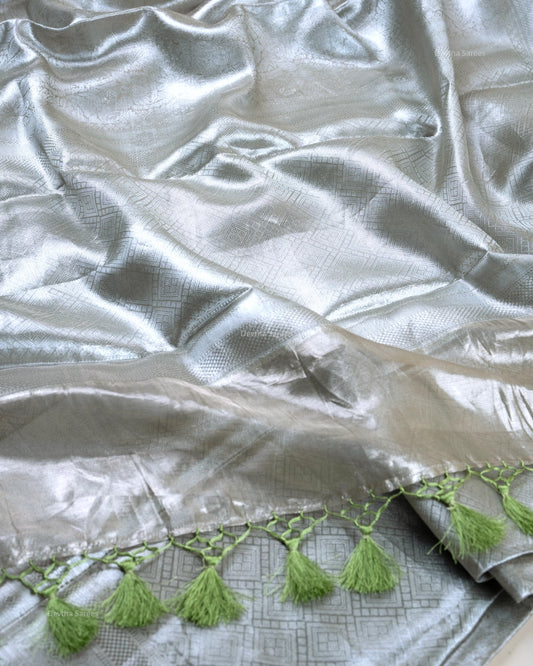 Liquid Silver - Sage Green Handwoven Pure Mulberry Brocade Silk Saree