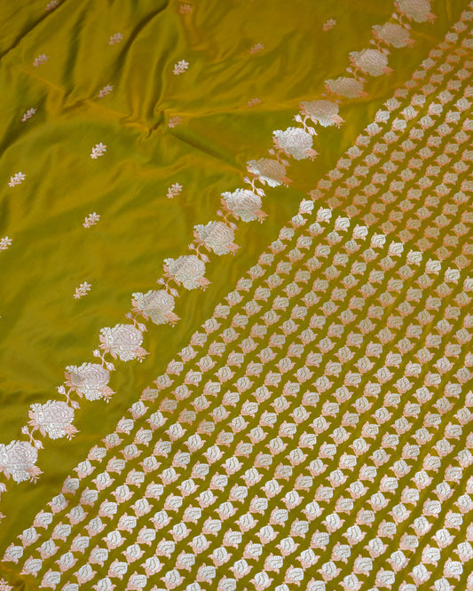 Amber Olive Banarasi Mashru Katan Silk Saree with buttas