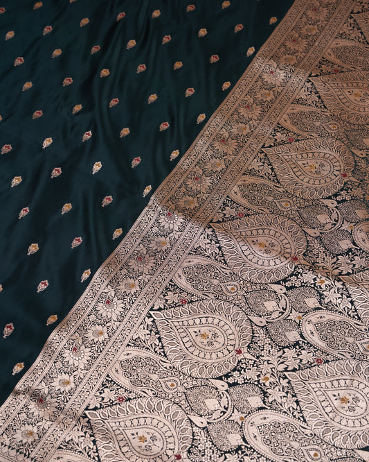 Bottle Green Banarasi Mashru Katan Silk Saree with buttas