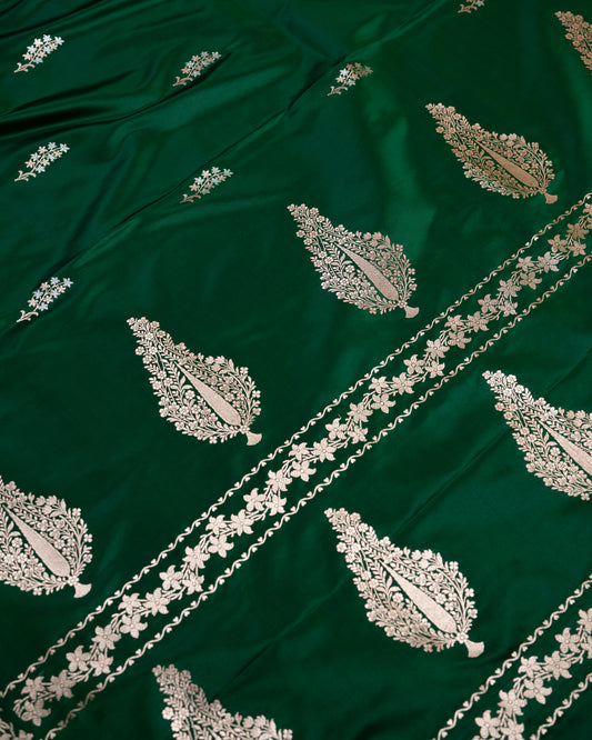 Emerald Green Banarasi Mashru Katan Silk Saree with buttas