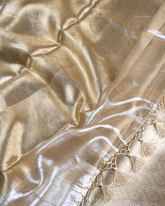 Liquid Gold - Irish Cream Color Handwoven Pure Mulberry Brocade Silk Saree