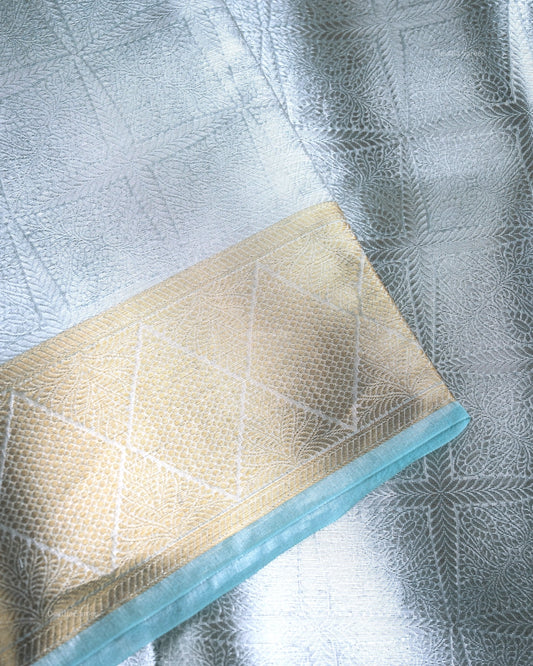 Liquid Gold - Alpine Blue Handwoven Pure Mulberry Brocade Silk Saree