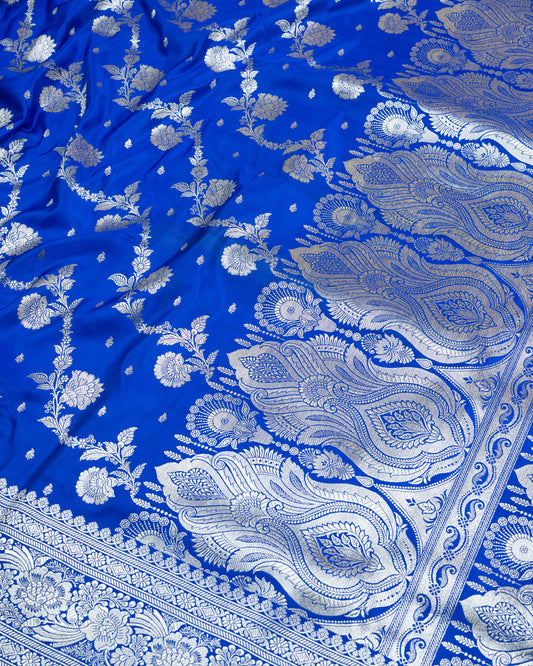 Royal Blue Mashru Katan Silk Saree with Floral Jaal Weave