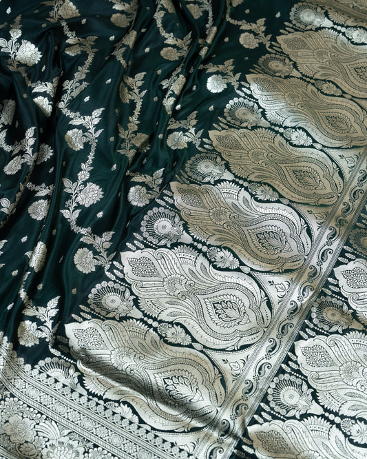 Bottle Green Mashru Katan Silk Saree with Floral Jaal Weave