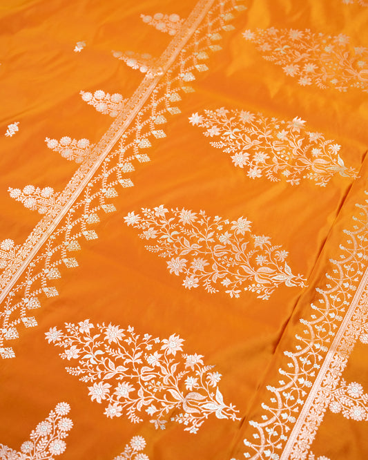 Tangerine orange Banarasi Mashru Katan Silk Saree with buttas