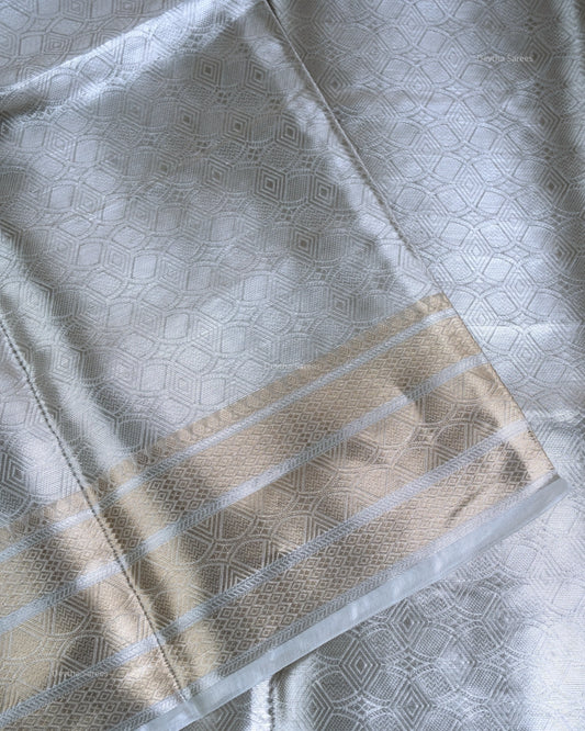 Liquid Gold - Arctic Silver Color Handwoven Pure Mulberry Brocade Silk Saree