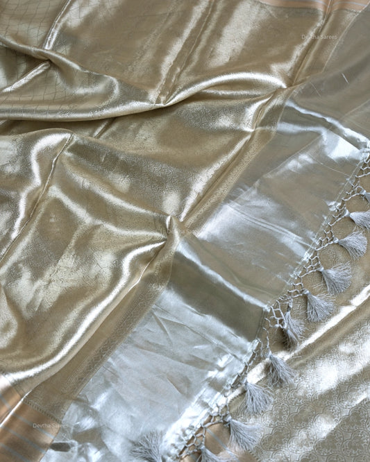 Liquid Gold - Silver Color Handwoven Pure Mulberry Brocade Silk Saree