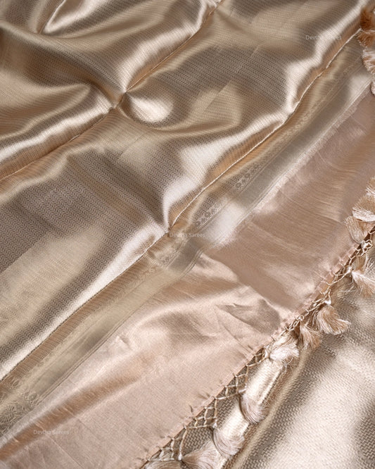 Liquid Gold - Chilly White Handwoven Pure Mulberry Brocade Silk Saree