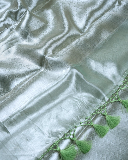 Liquid Silver - Sage Green Handwoven Pure Mulberry Brocade Silk Saree