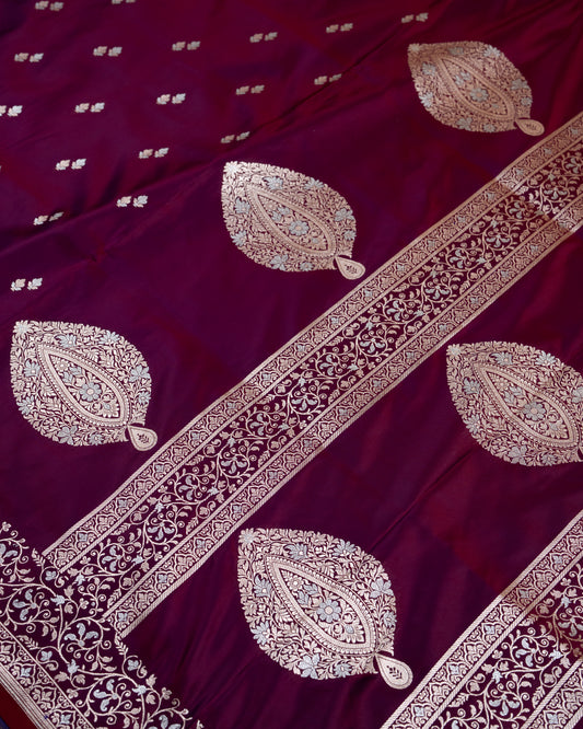 Deep Wine Banarasi Mashru Katan Silk Saree with buttas