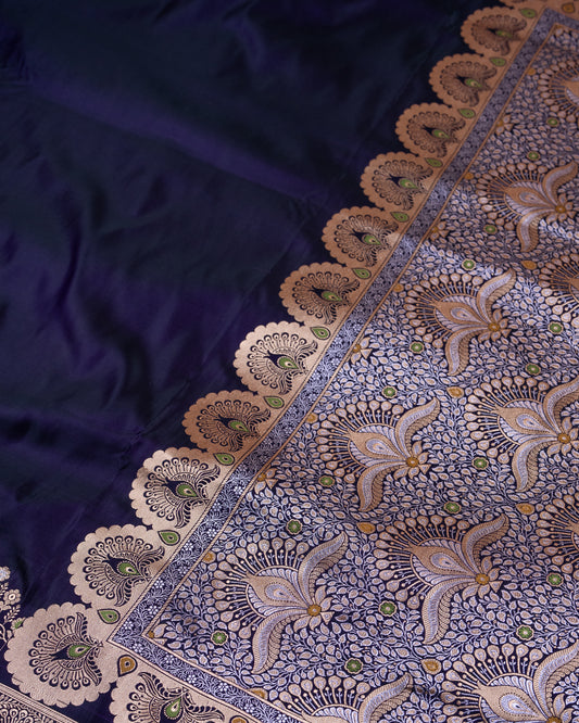 Royal Indigo Banarasi Mashru Katan Silk Saree zari border