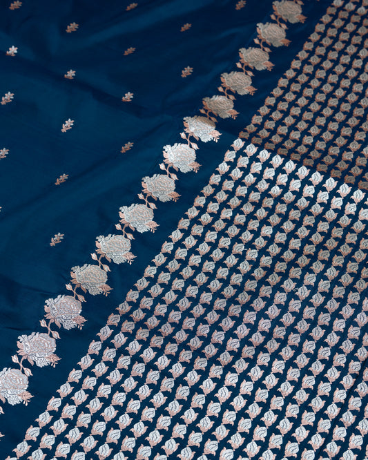 Midnight Blue Banarasi Mashru Katan Silk Saree with buttas