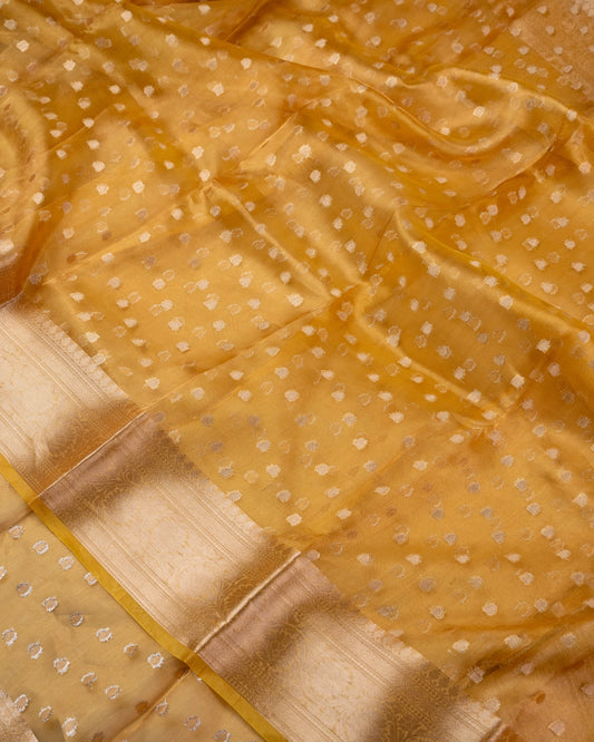 Golden Yellow Pure Handloom Mulberry Silk Saree with buttas - Silk by Zari