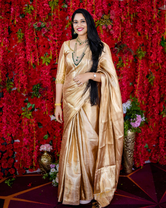 Liquid Gold - Powder Peach Handwoven Pure Mulberry Brocade Silk Saree