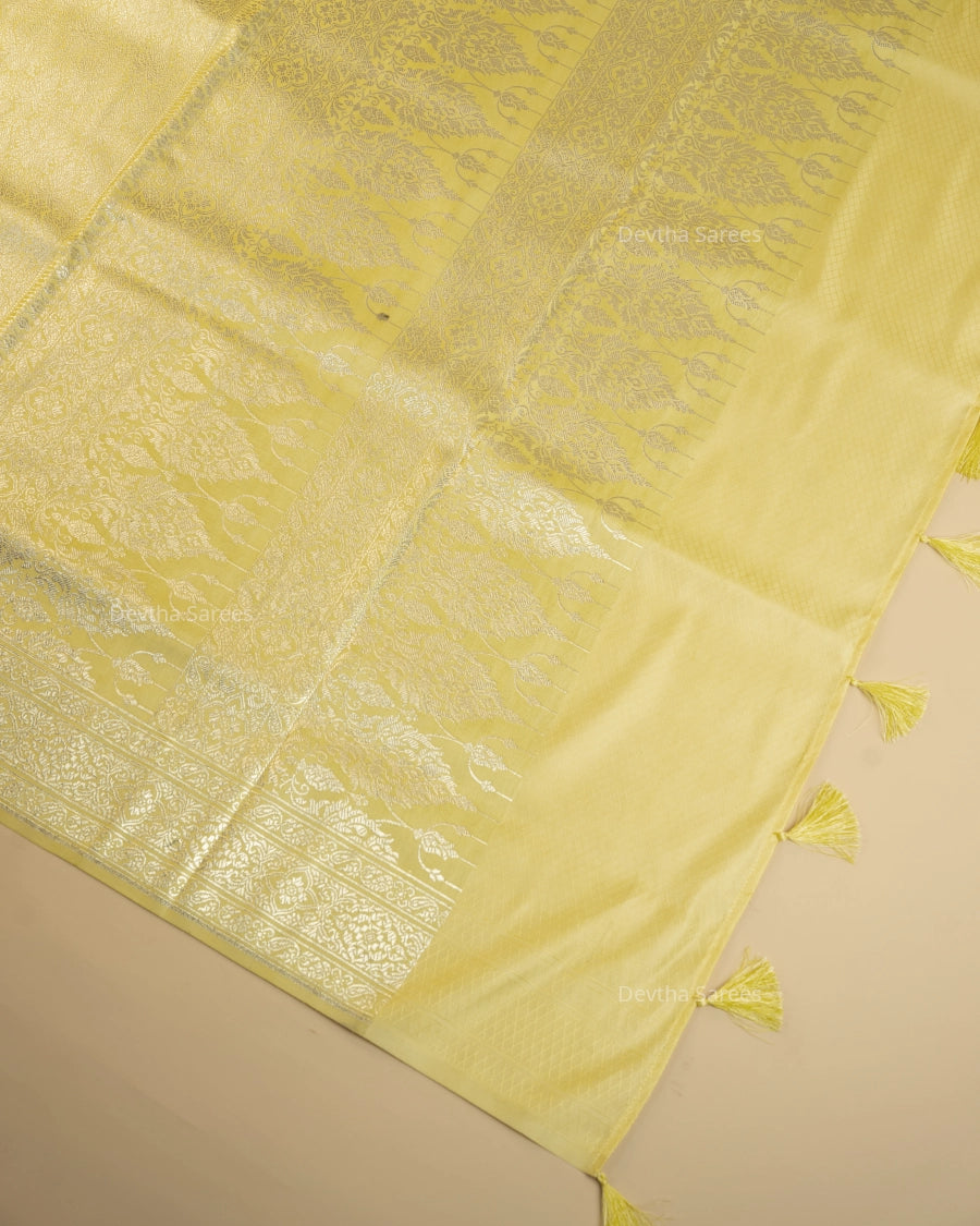 Pastel Lemon Yellow Premium Banarasi Katan Brocade Silk Saree (D28)