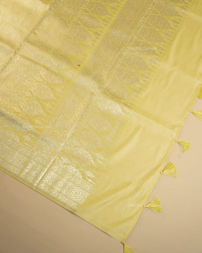 Pastel Lemon Yellow Premium Banarasi Katan Brocade Silk Saree (D28)