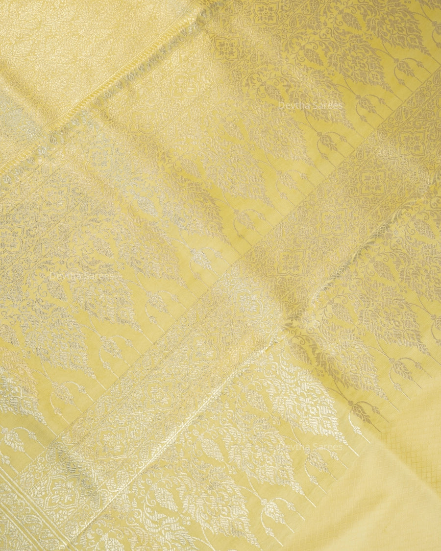 Pastel Lemon Yellow Premium Banarasi Katan Brocade Silk Saree (D28)