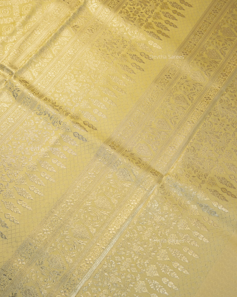 Pastel Lemon Yellow Premium Banarasi Katan Brocade Silk Saree (D10)