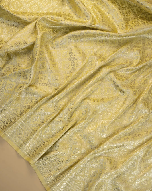 Pastel Lemon Yellow Premium Banarasi Katan Brocade Silk Saree (D10)