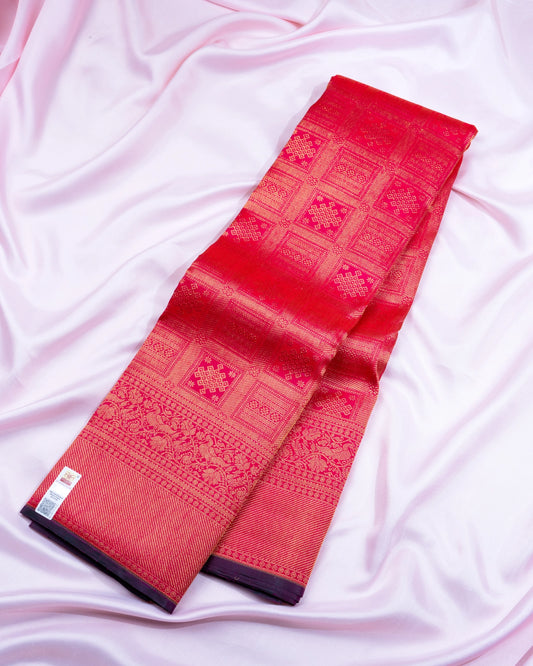 Pure Handloom Kanchipuram Silk Saree with Traditional Temple Kolam Brocade