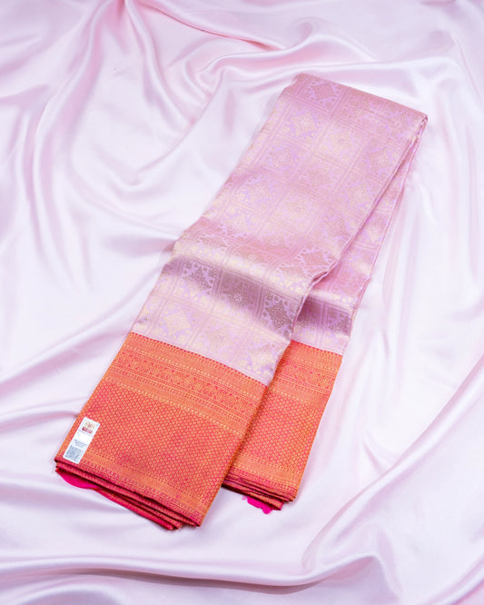 Pure Handloom Contrast Kanchipuram Silk Saree with Traditional Temple Block Brocade