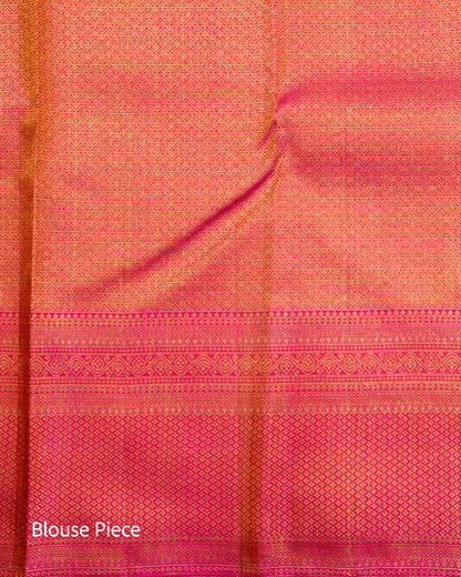 Pure Handloom Contrast Kanchipuram Silk Saree with Traditional Temple Block Brocade