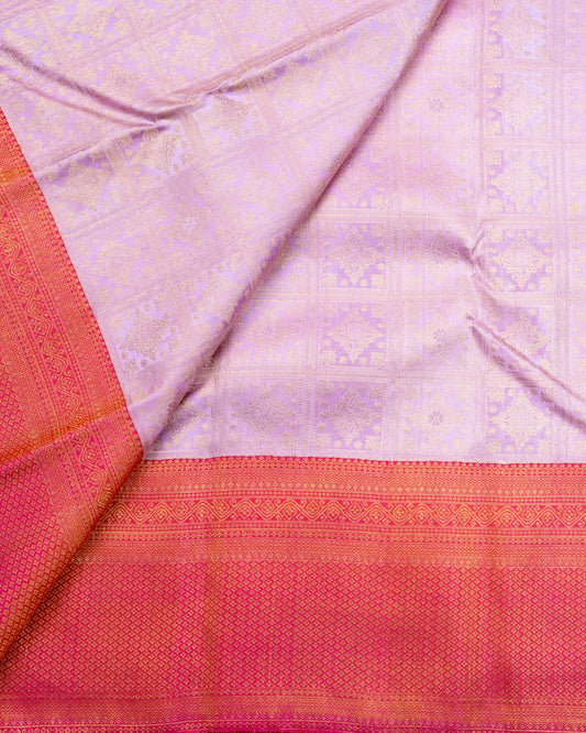 Pure Handloom Contrast Kanchipuram Silk Saree with Traditional Temple Block Brocade