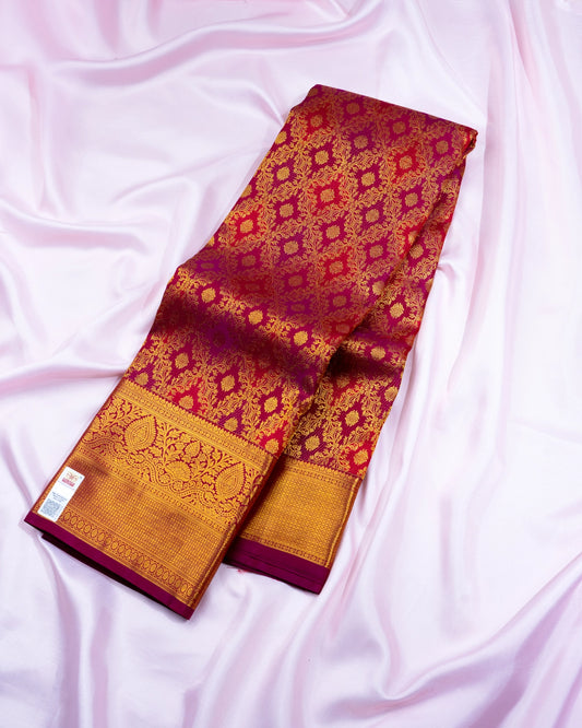 Pure Handloom Kanchipuram Silk Saree with Classic Floral Diamond Design