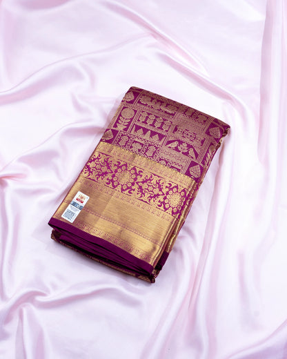 Pure Handloom Kanchipuram Silk Saree with Traditional Temple Wall Design