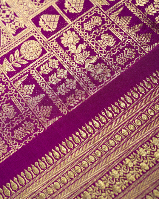 Pure Handloom Kanchipuram Silk Saree with Traditional Temple Wall Design