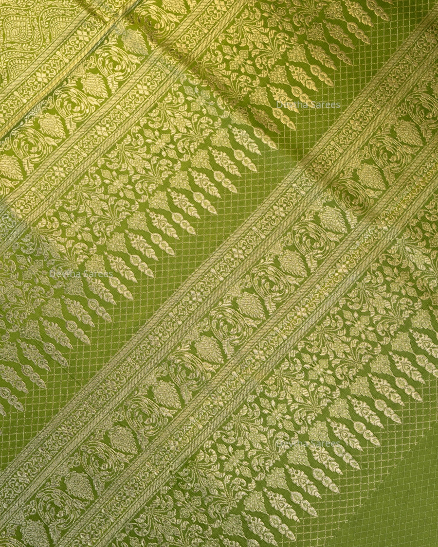 Olive Green Premium Banarasi Katan Brocade Silk Saree (D2)