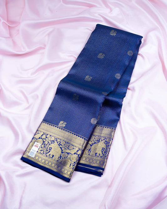 Pure Handloom Kanchipuram Silk Saree with Traditional Check Pattern and Peacock Motifs