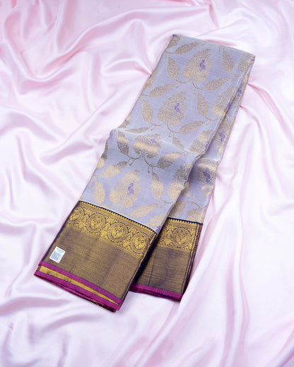 Pure Handloom Kanchipuram Silk Saree with Traditional Tree Leaves Pattern