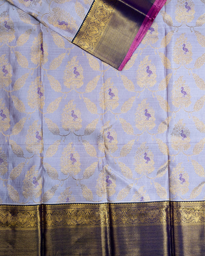 Pure Handloom Kanchipuram Silk Saree with Traditional Tree Leaves Pattern