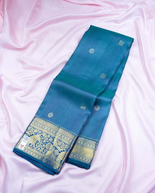 Pure Handloom Kanchipuram Silk Saree with Traditional Check with Buttas