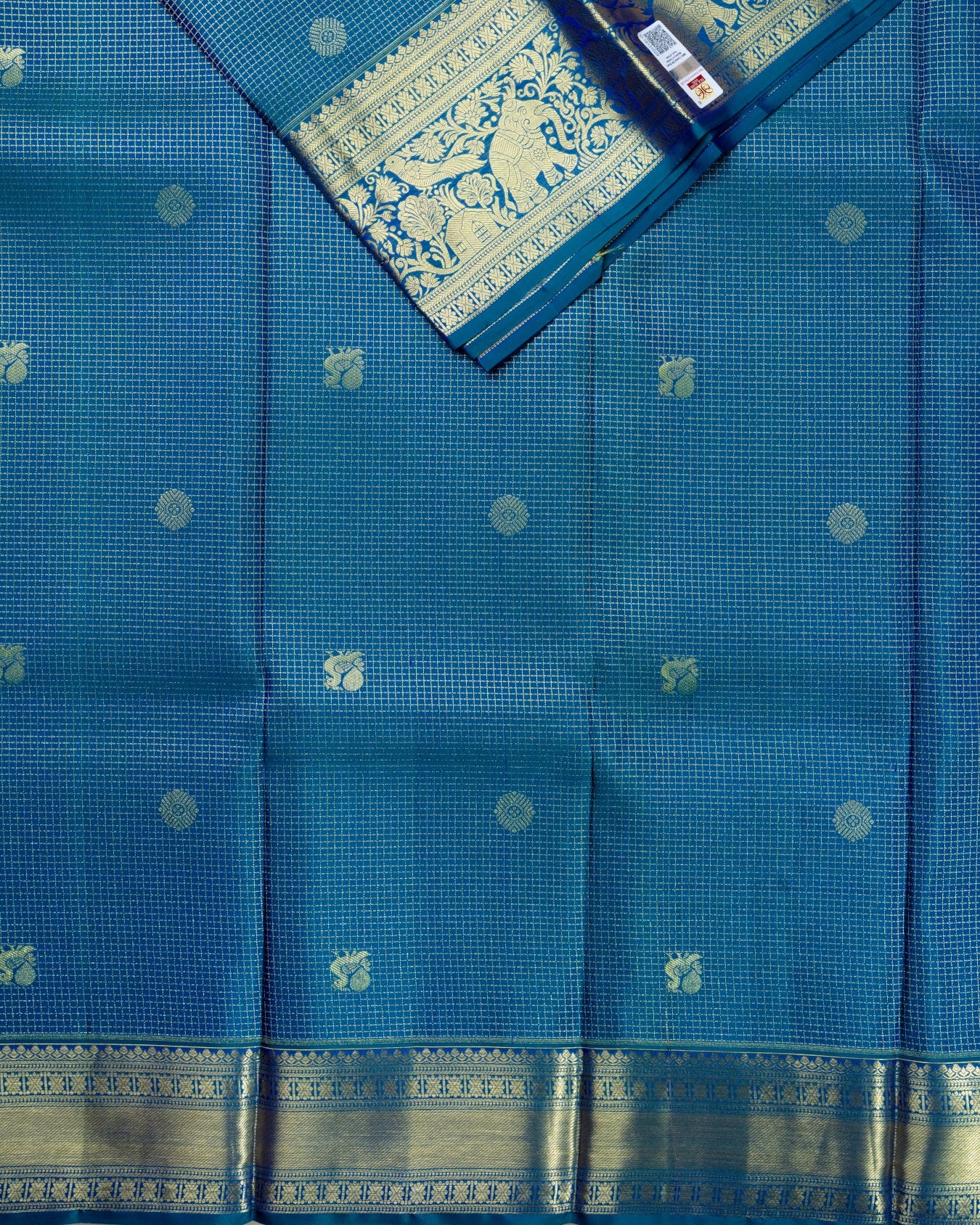 Pure Handloom Kanchipuram Silk Saree with Traditional Check with Buttas
