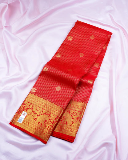 Pure Handloom Kanchipuram Silk Saree with Traditional Checks and Peacock