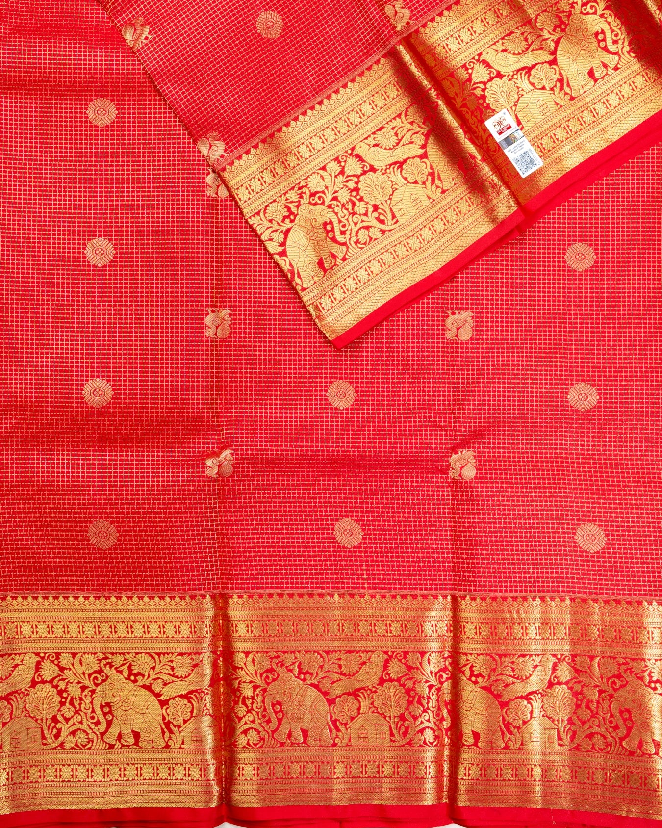 Pure Handloom Kanchipuram Silk Saree with Traditional Checks and Peacock