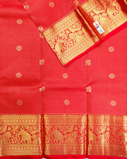 Pure Handloom Kanchipuram Silk Saree with Traditional Checks and Peacock
