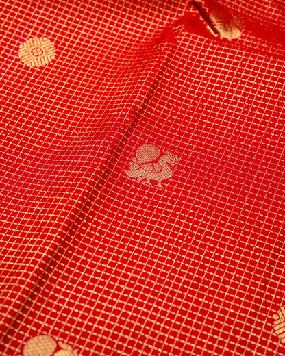 Pure Handloom Kanchipuram Silk Saree with Traditional Checks and Peacock