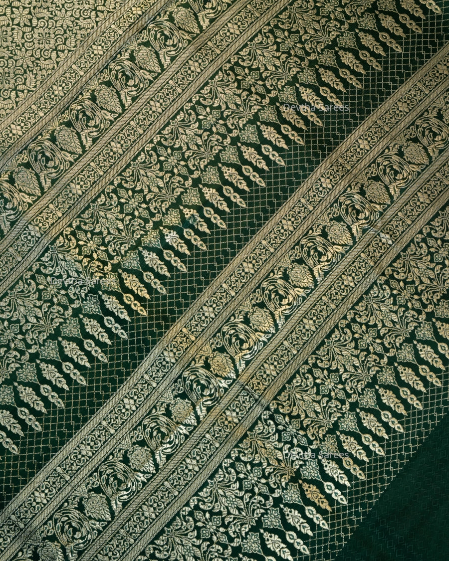 Bottle Green Premium Banarasi Katan Brocade Silk Saree (D14)