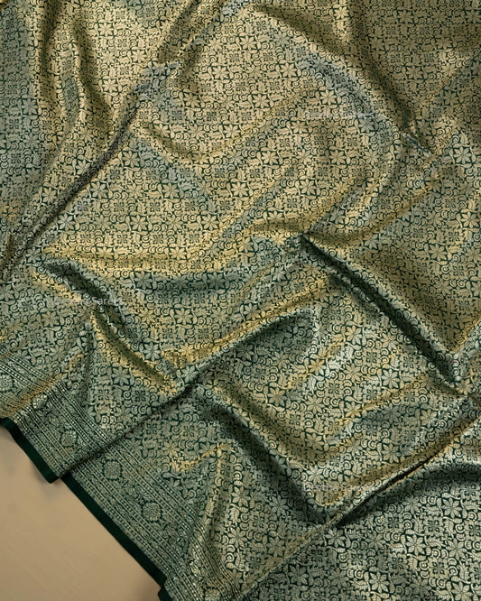 Bottle Green Premium Banarasi Katan Brocade Silk Saree (D14)