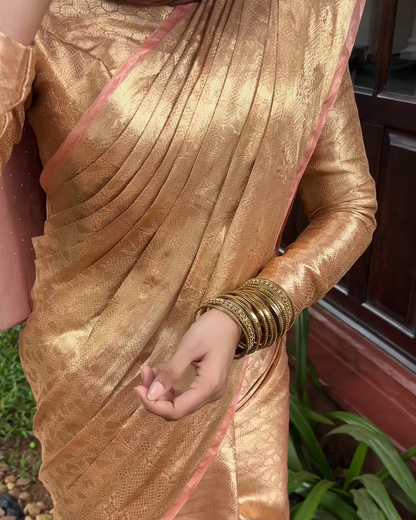 Liquid Gold - Pastel Peach Handwoven Pure Mulberry Brocade Silk Saree