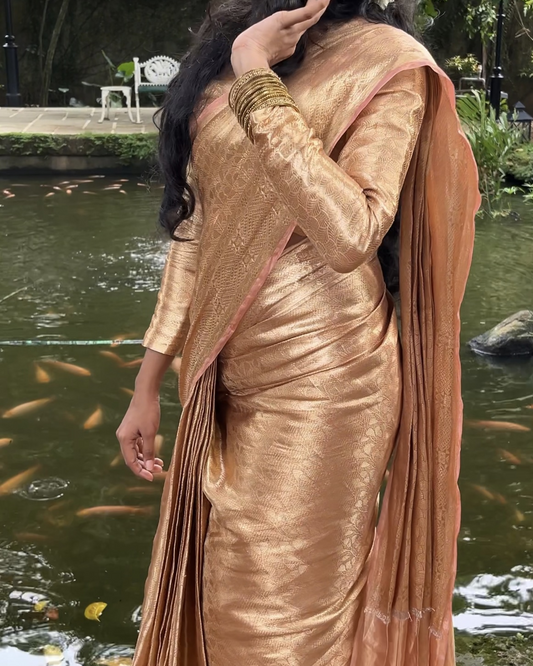 Liquid Gold - Pastel Peach Handwoven Pure Mulberry Brocade Silk Saree