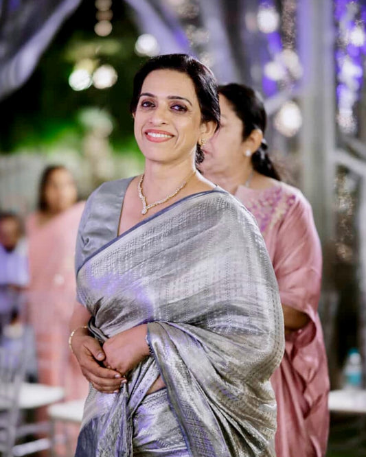 Liquid Silver - Lavender Handwoven Pure Mulberry Brocade Silk Saree