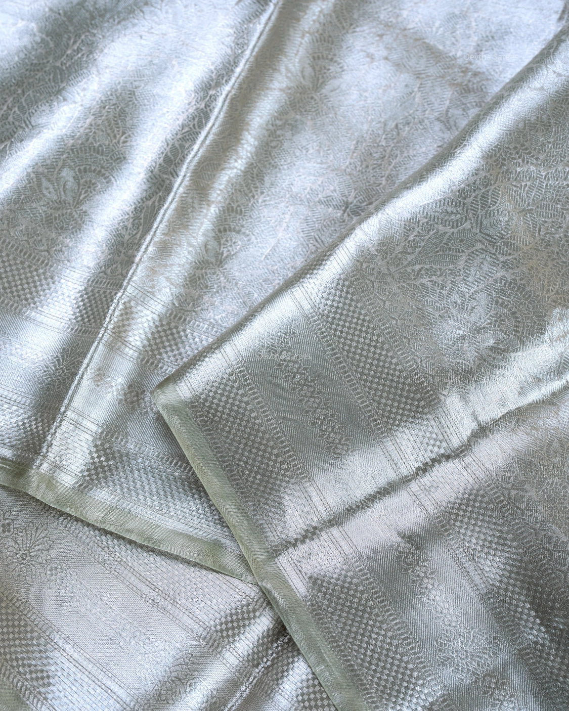 Liquid Silver - Sage Green Handwoven Pure Mulberry Brocade Silk Saree