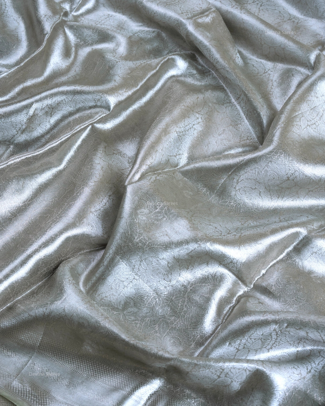Liquid Silver - Sage Green Handwoven Pure Mulberry Brocade Silk Saree